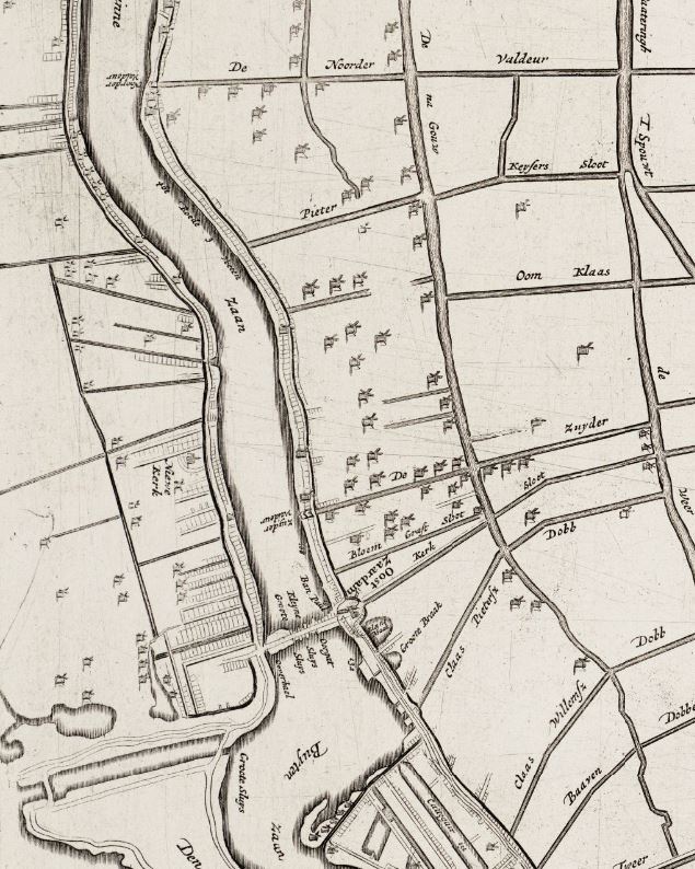 Uitsnede kaart Leupenius, 1693 (GAZ 52.00789) Kamstructuur in Zaandam bestaande uit de dijk met dwars daarop de paden